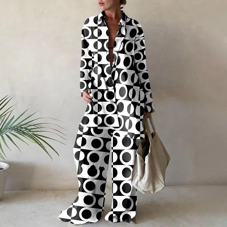 Contrast Circle Print Shirt Pants Two Piece Set