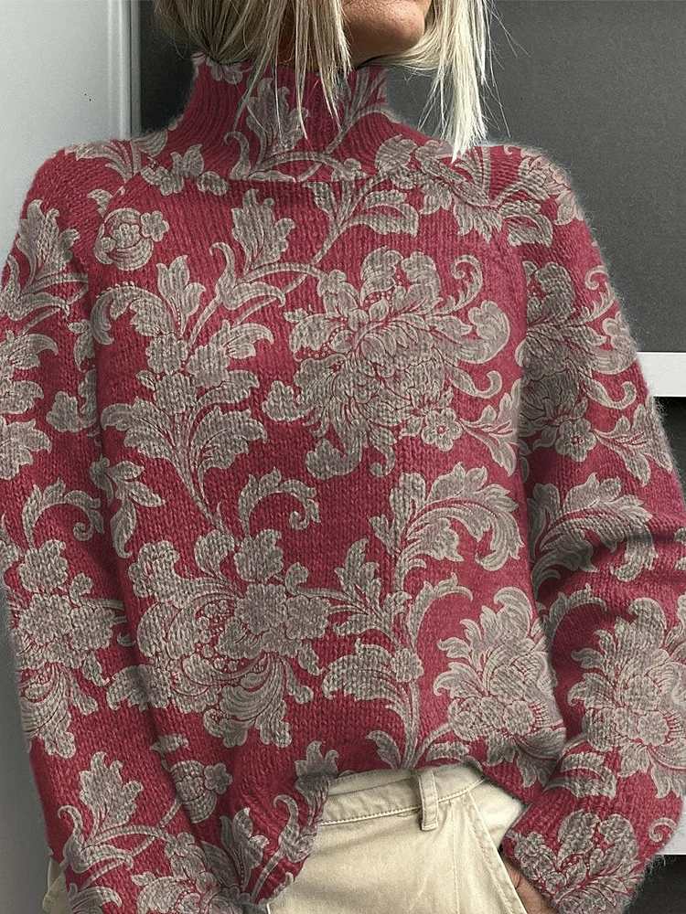 Flowers Art Print Knit Turtleneck Pullover Sweater