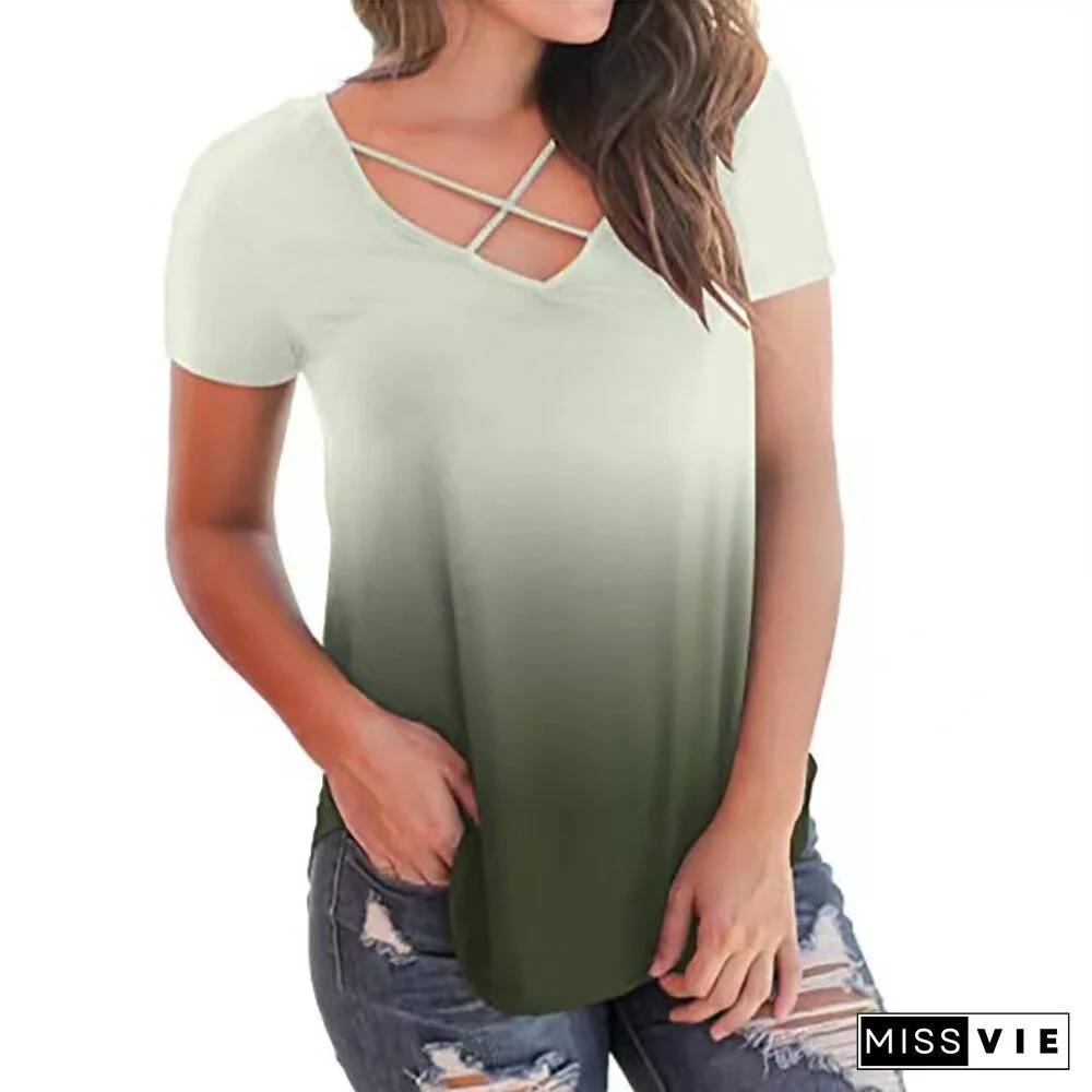 Gradient Printed Tops Women Summer Short Sleeve Casual Loose T-Shirts Cross Bandage V-NeckTops Fashion Ladies Streetwear D30