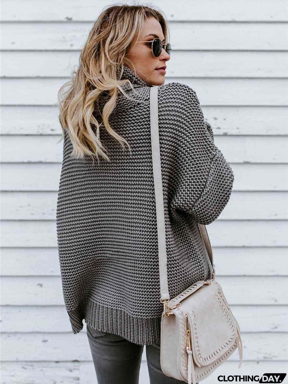 Turtleneck Dropped Shoulder Slit Sweater