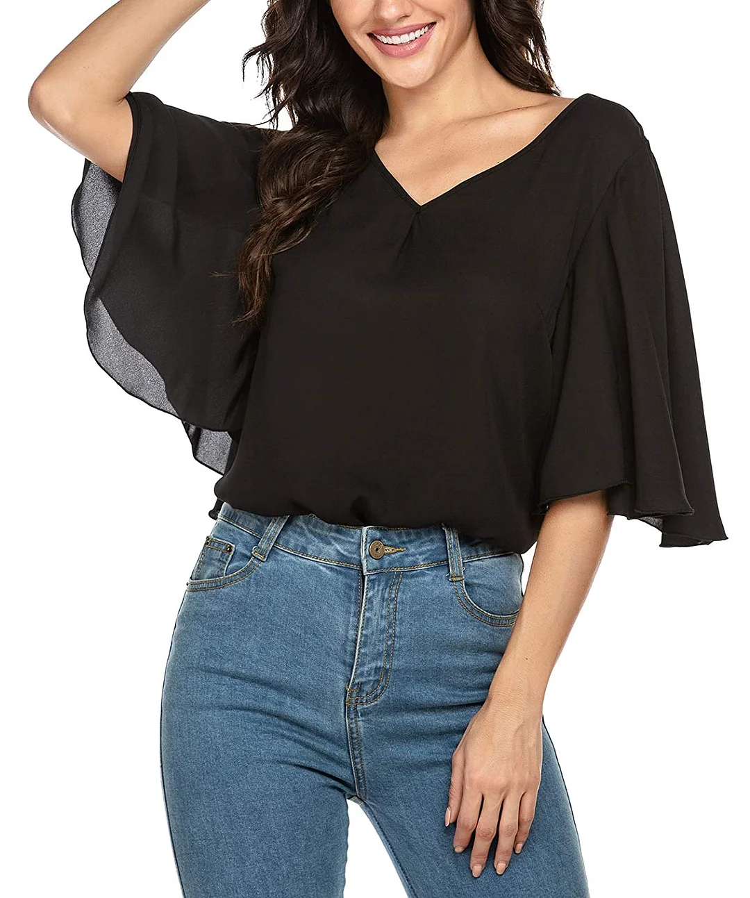 Womens V Neck Flutter Sleeve Elegant Chiffon Blouses Loose Tops Casual Solid Shirts