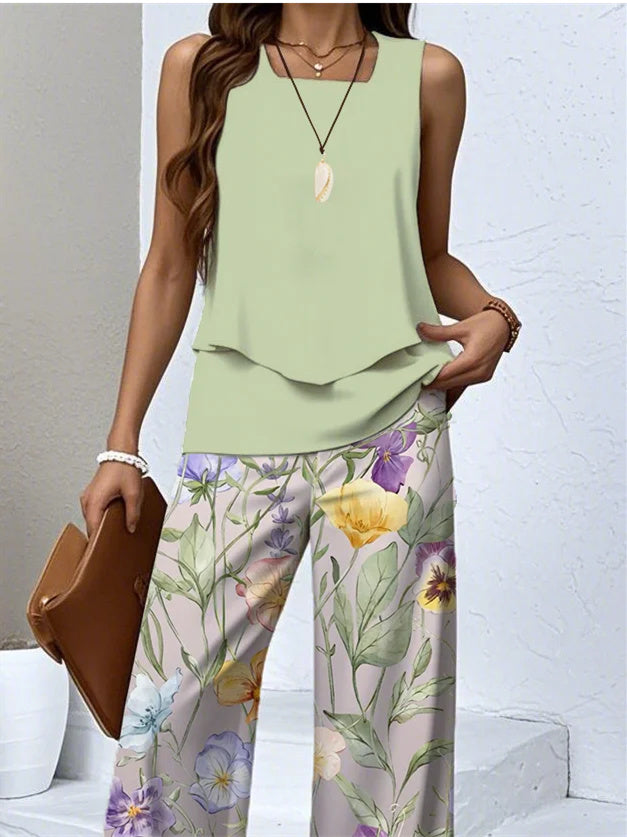 Women's Sleeveless Square Collar Floral Printed Casual Set