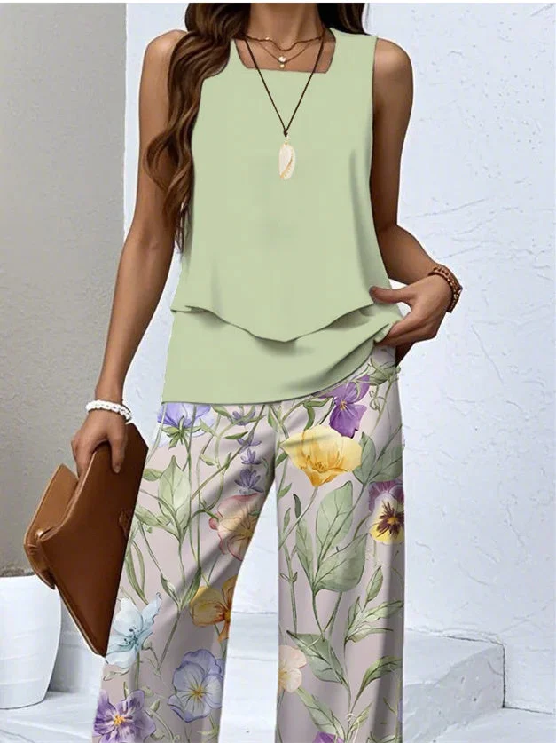 Women's Sleeveless Square Collar Floral Printed Casual Set