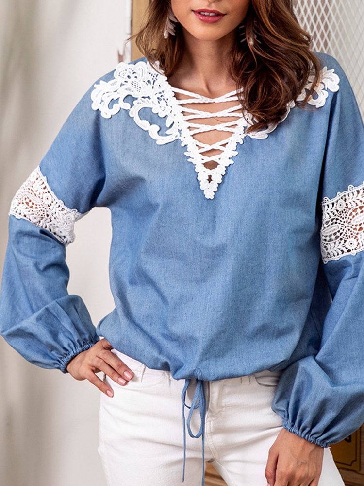 Lace Patchwork Drawstring Long Sleeve Denim Blouses P1326414