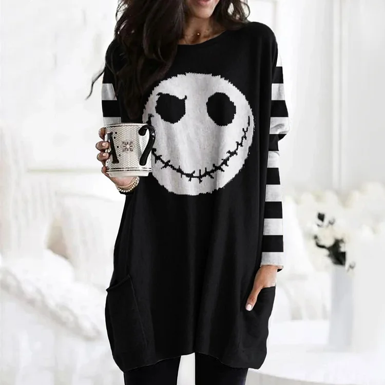 Striped Halloween Smiley Print Tunic