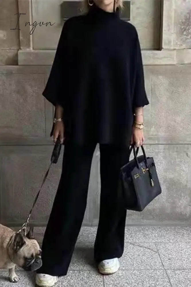 Ingvn - Casual Daily Solid Patchwork Turtleneck Long Sleeve Two Pieces Black / S Pieces/Two-Piece