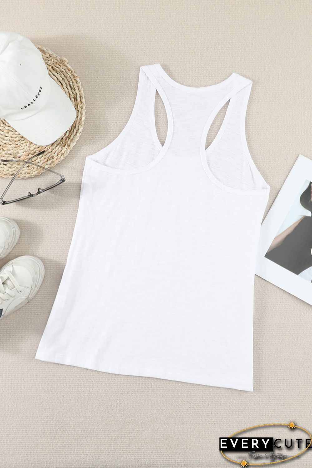 Blank Apparel - White Scoop Neck Basic Solid Tank Top