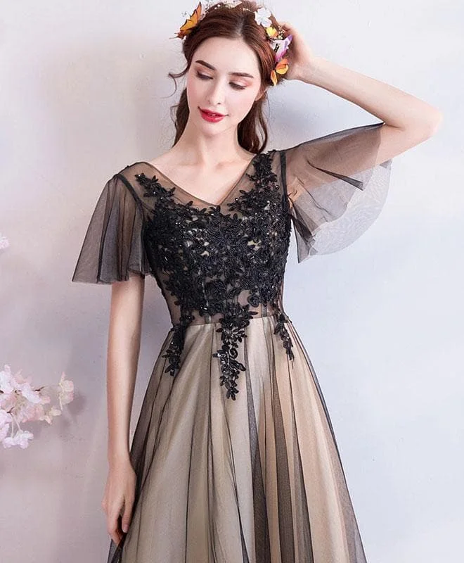 Black V Neck Lace Tulle Long Prom Dress, Black Evening Dress