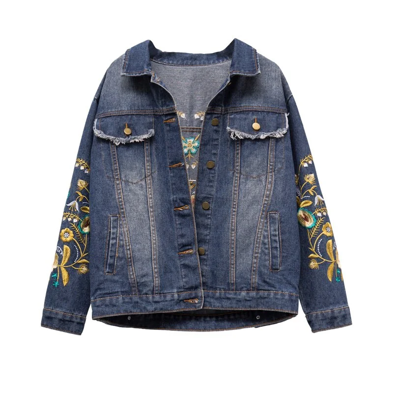 2021 New Women Denim Jacket Spring Streetwear Single Breasted Floral Embroidery Turn-down Collar Plus Size 3XL 4XL 5XL Lady Coat