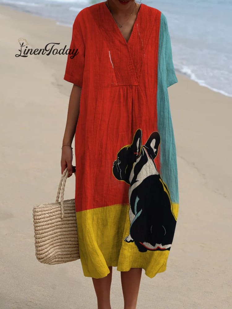 Three-Color Bottom French Bucket Back Decorative Pattern Flowy Dress Multicolor / S