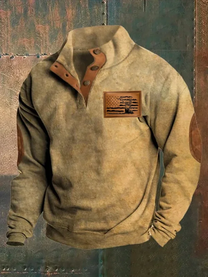 Men'S Deer Printed Buttons Casual Sweatshirt