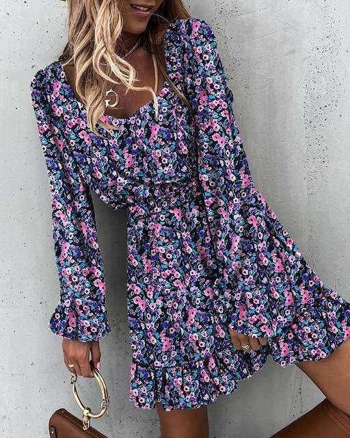 Spring And Autumn Fashion Women's Mini Dresses With Square Collar And Elastic Waist Ruffle Print Sweet Style Hedging Dress 2021