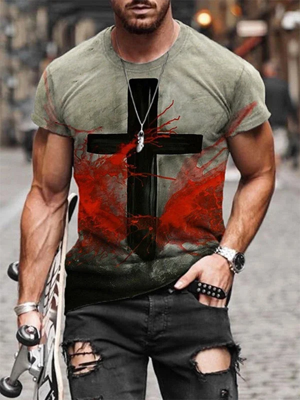 Blood Cross Printed Round Neck Loose T-shirt