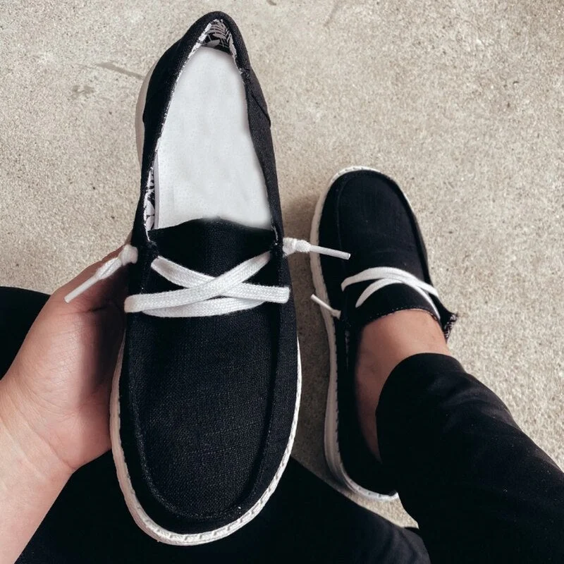 Women Casual Shoes Summer Flat Loafers Lace Up Ladies Shoes Slip On Mocassin Femme Black White Canvas Sneakers Zapatos Mujer