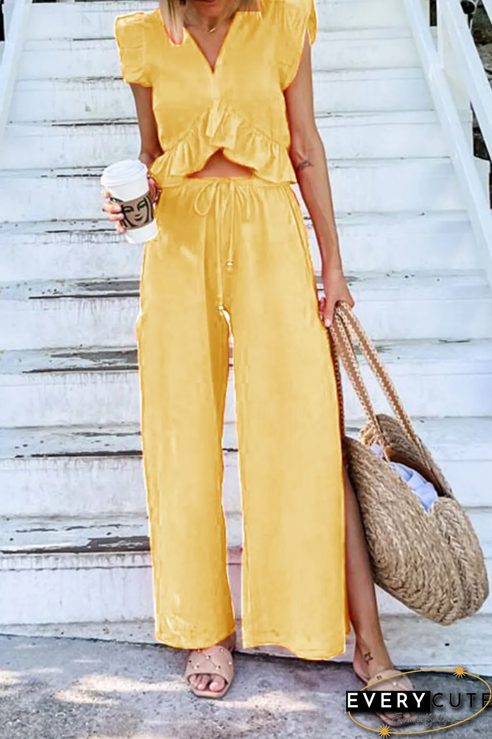 Casual Solid Flounce V Neck Sleeveless Two Pieces(9 Colors)