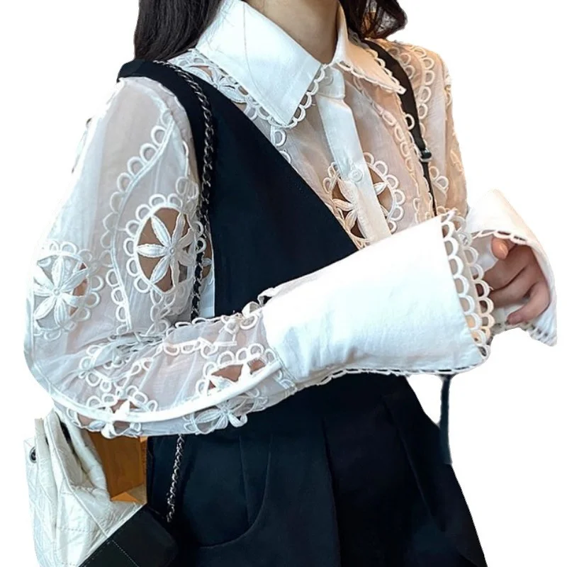 Toloer Toloer Chic Summer Court Style French Vintage Heavy Industry Lace Hollow Lantern Sleeves Lapel Shirt Jacket Female-Outfit Ideas