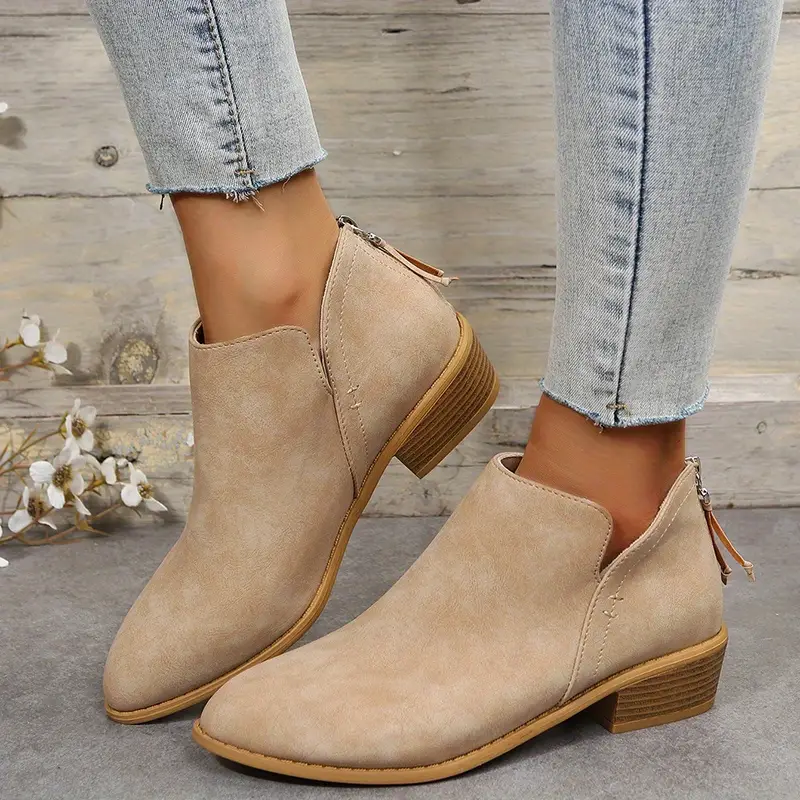 womens chunky heeled ankle boots solid color v zipper shoes stacked heeled short boots details 9