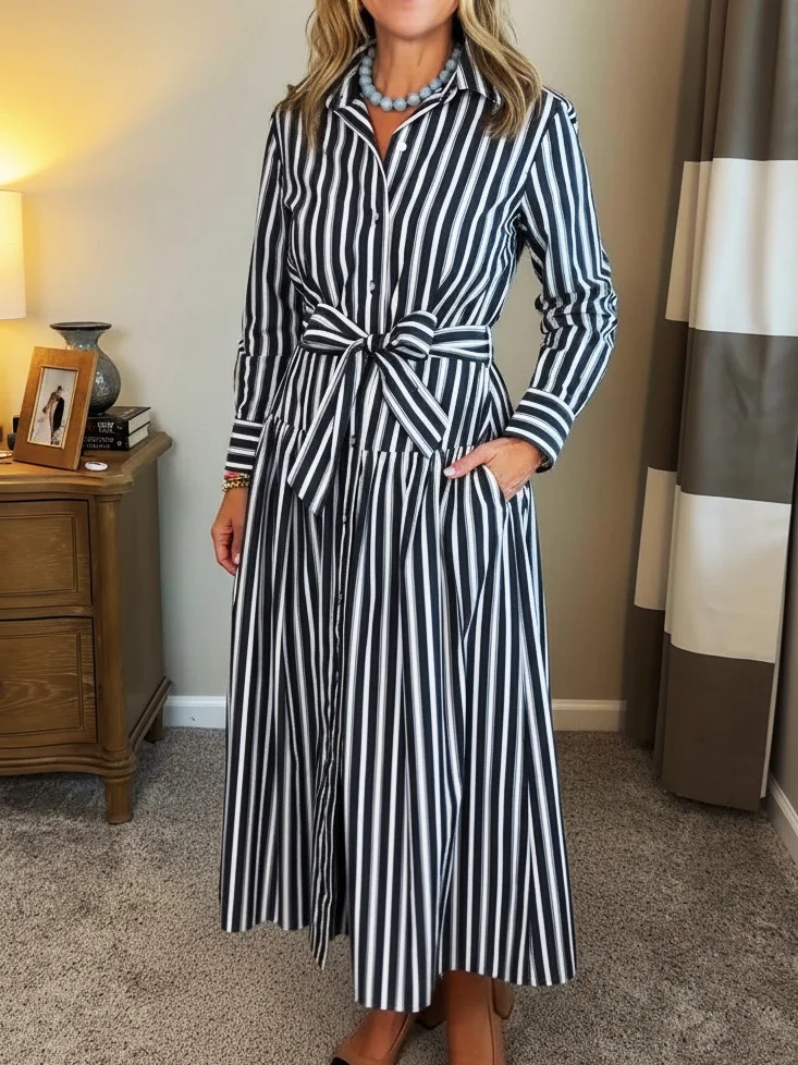 New Arrivals🔥 Classic Striped Shirtdress with Tie Belt