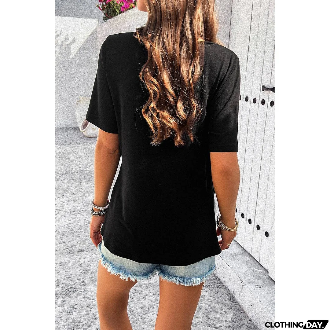 Half Zipper Button Trim Asymmetrical Hem Fit Top