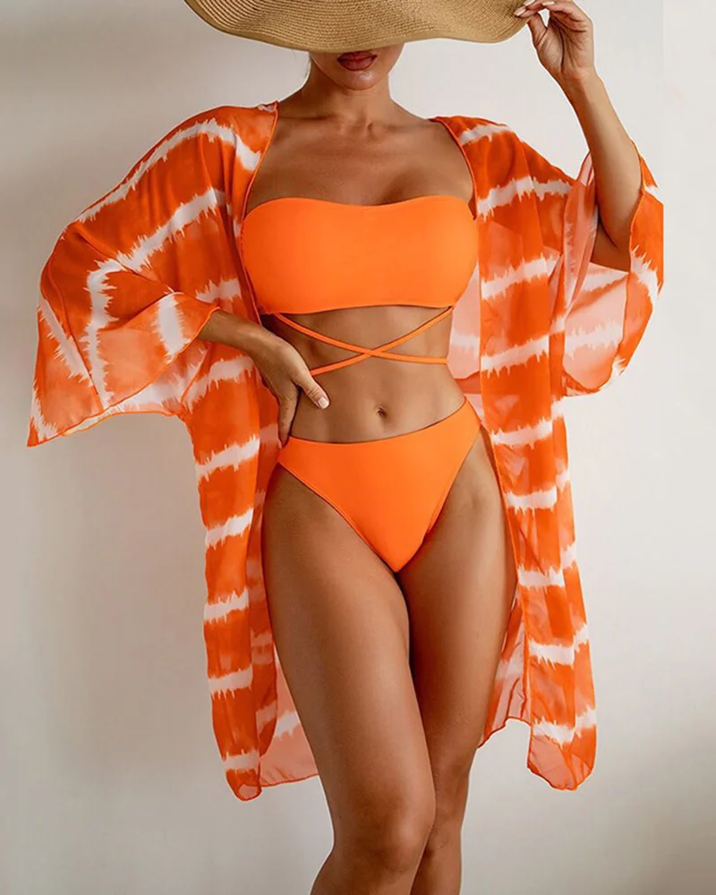 Striped blouse and bandeau three-piece swimsuit