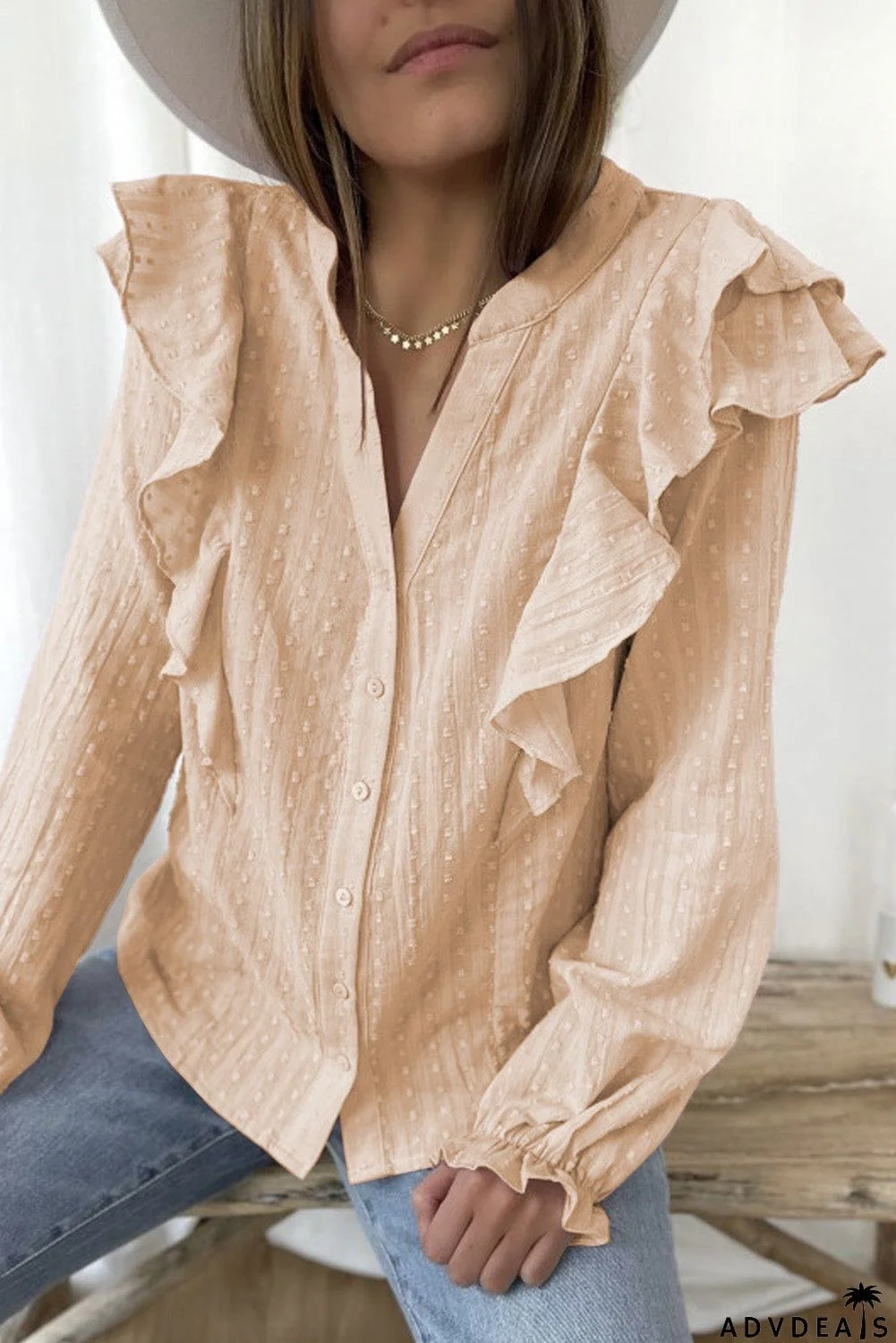 Dotted Texture Sheer Ruffles Bubble Sleeves Shirt