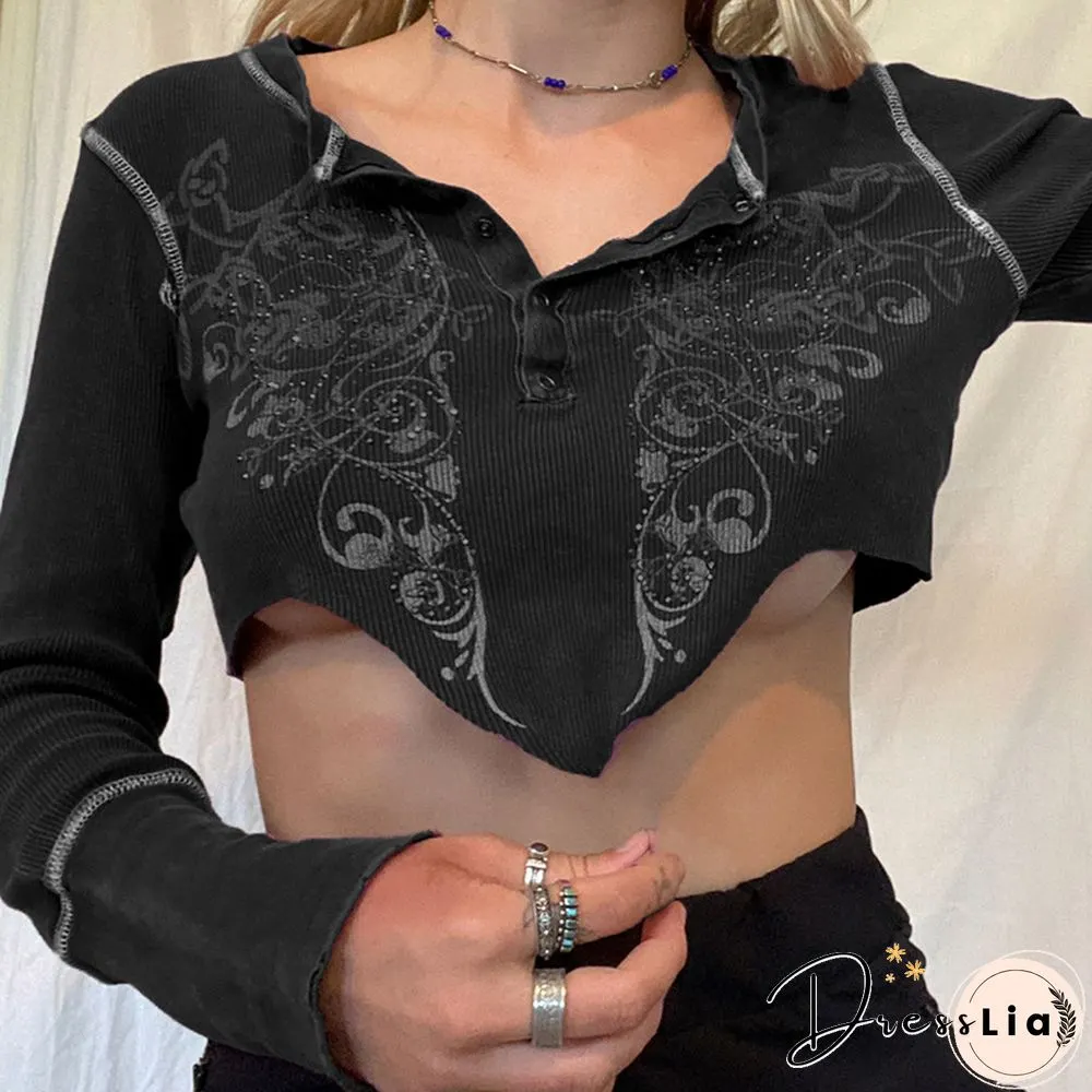 Fairy Grunge Rhinestones Vintage Top Floral Print Cropped Ribbed Long Sleeve Tees Y2k