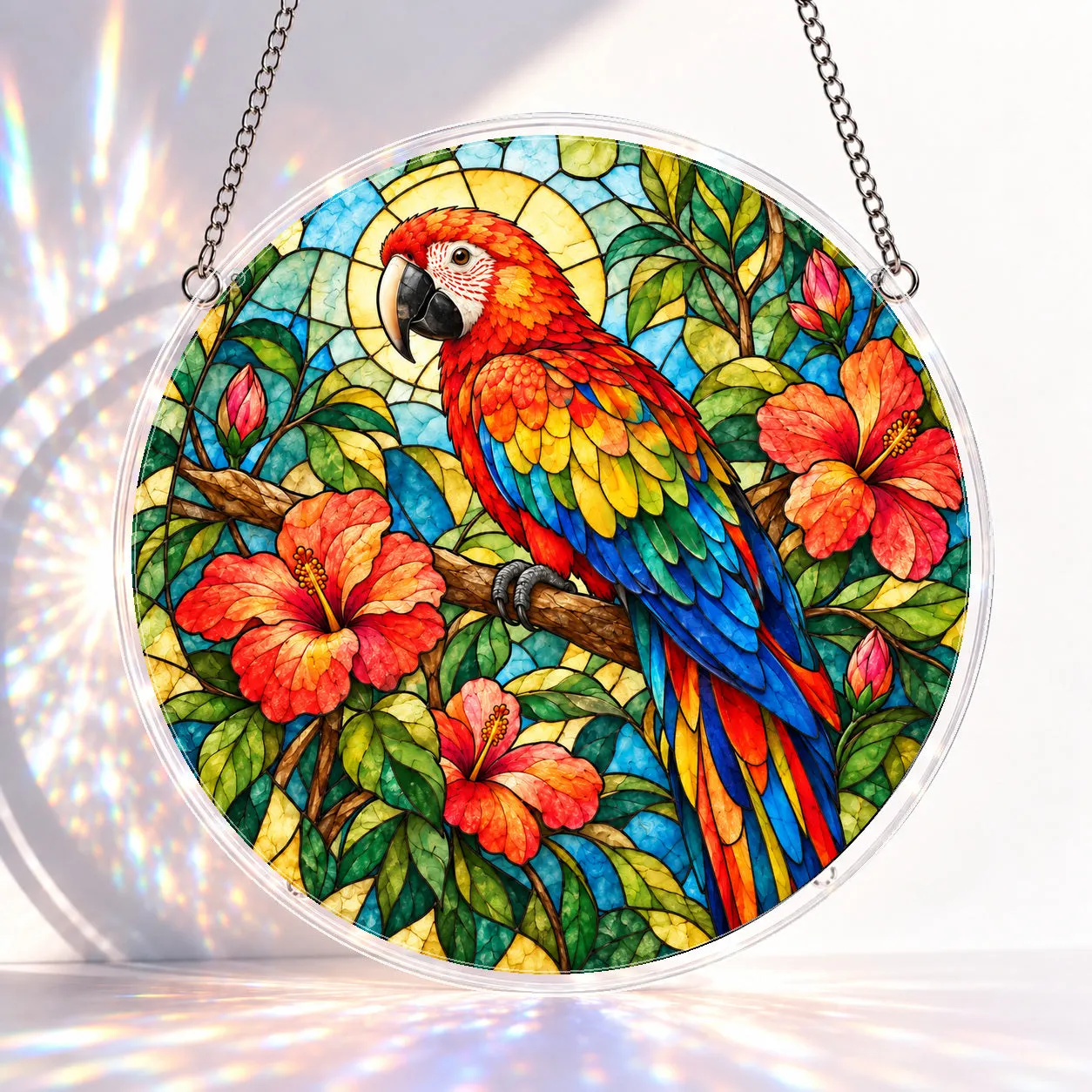 Scarlet Macaw & Hibiscus Stained Glass Suncatcher Puzzle