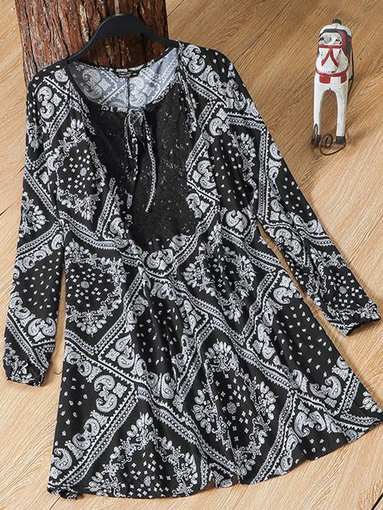 Women Long Sleeve Scoop Neck Floral Printed Graphic Dress