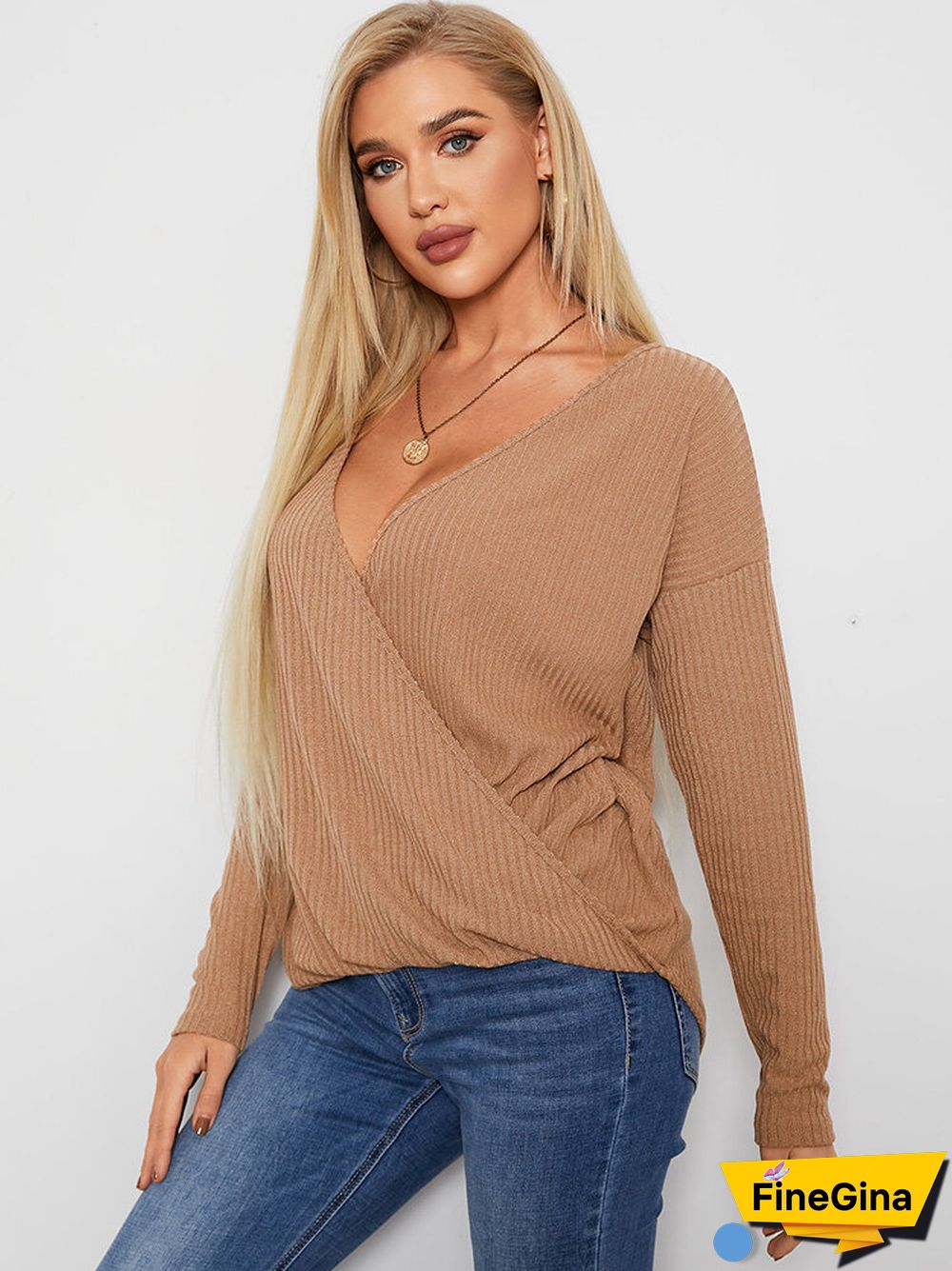 Solid Ribbed Cross Wrap V-neck Long Sleeve Loose Casual T-shirt