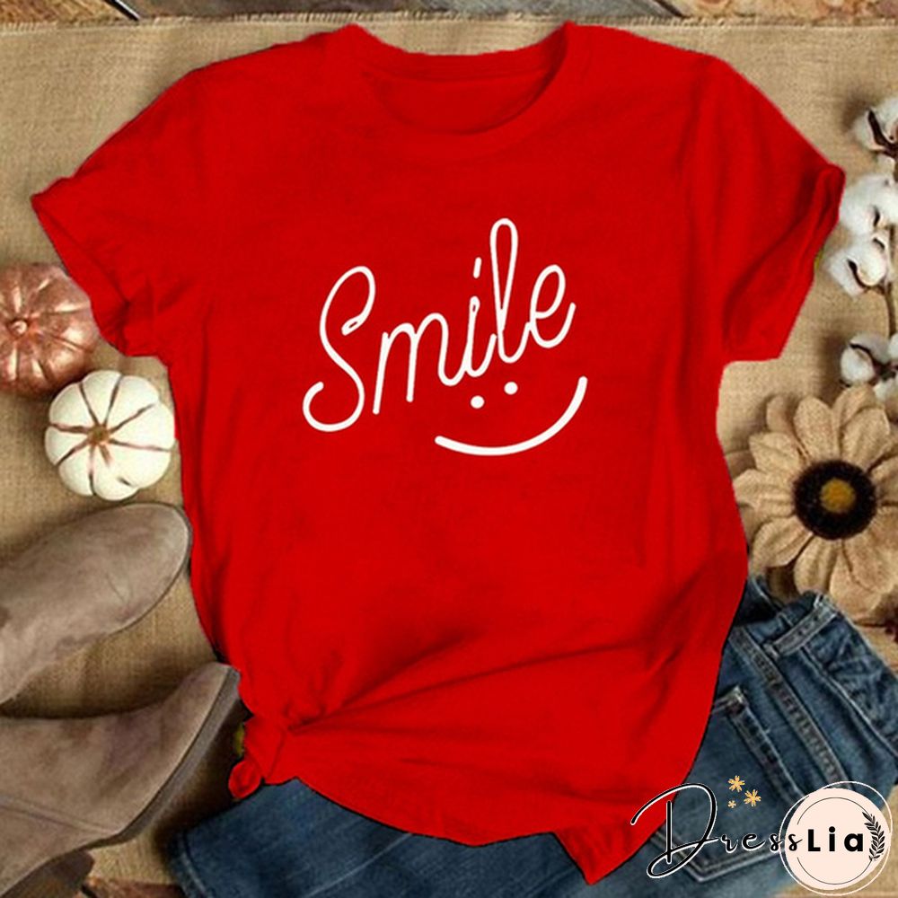 Smile Print Women T Shirt Short Sleeve O Neck Loose Women Tshirt Ladies Tee Shirt Tops