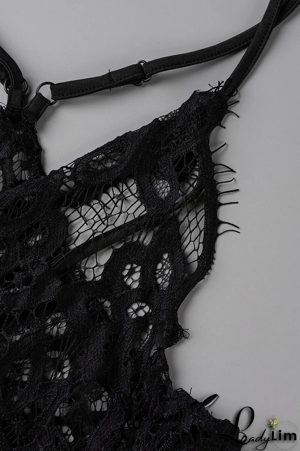 Black Fashion Sexy Solid Lace Backless Fold V Neck Sling Dress Plus Size Dresses