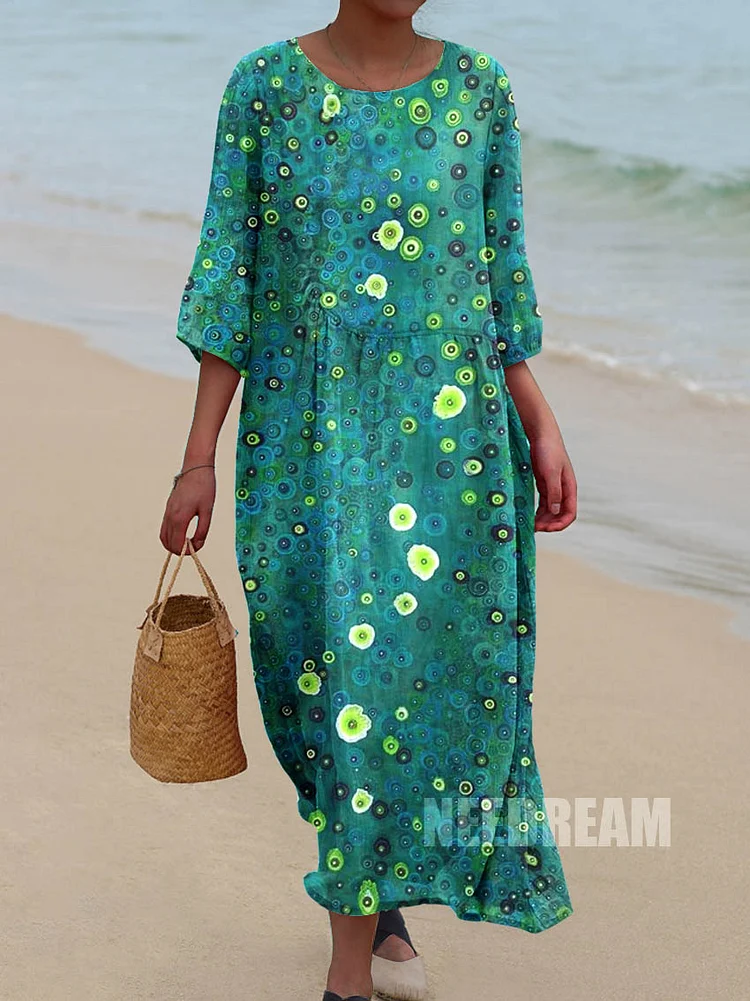 Womens Round Seaweed Art Pattern Pocket Cotton Dress