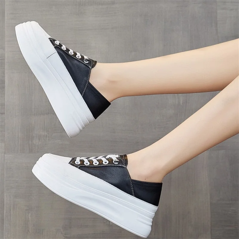 Meotina Sneakers Women Shoes Genuine Leather Flats Platform Shoes Round Toe Causal Lace Up Shoes Female  Autumn Black White