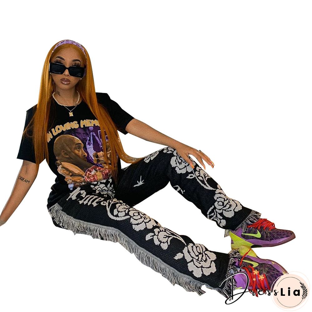 Side Tassels Patchwork Elastic Waist Women Print Jogger Pant