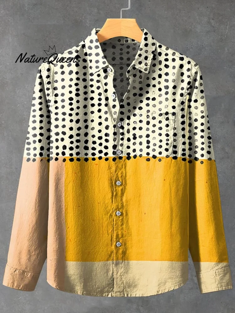 Yellow Color-blocked Dots Vintage Stripe Print 100% Cotton Long Sleeve Shirt