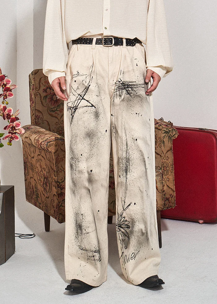 Fitted White Print High Waist Sashes Straight Pants Fall