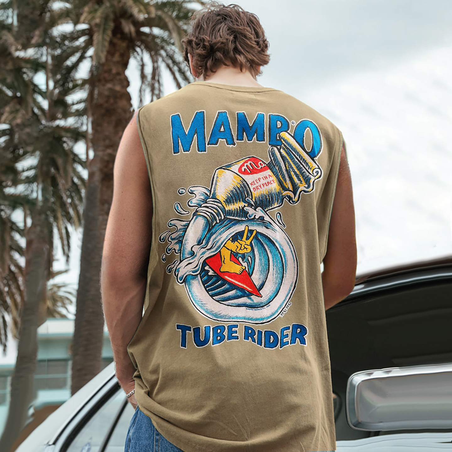 Vintage Unisex Oversized Sleeveless T-shirt Seaside Holiday Surfing Print Vest