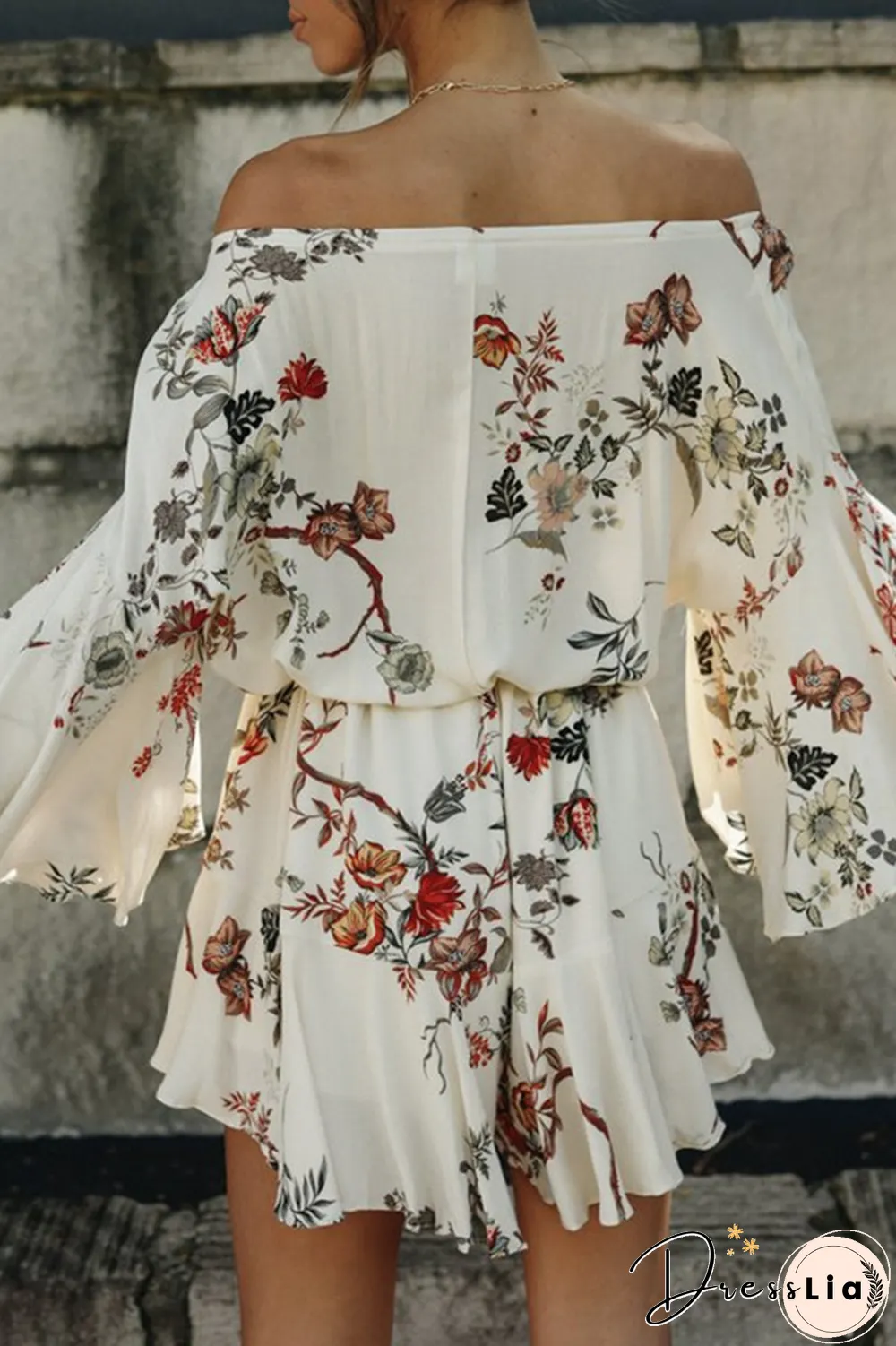 Fashion Casual Floral Split Joint Frenulum Off the Shoulder A Line Dresses