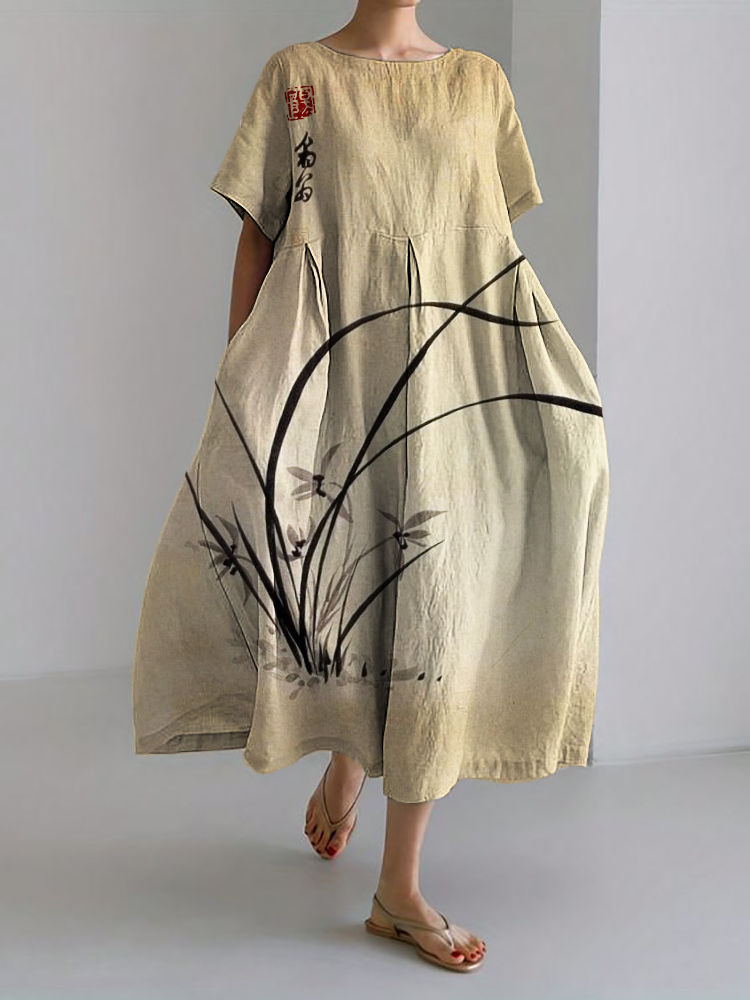 Comstylish Orchid Japanese Art Linen Blend Maxi Dress