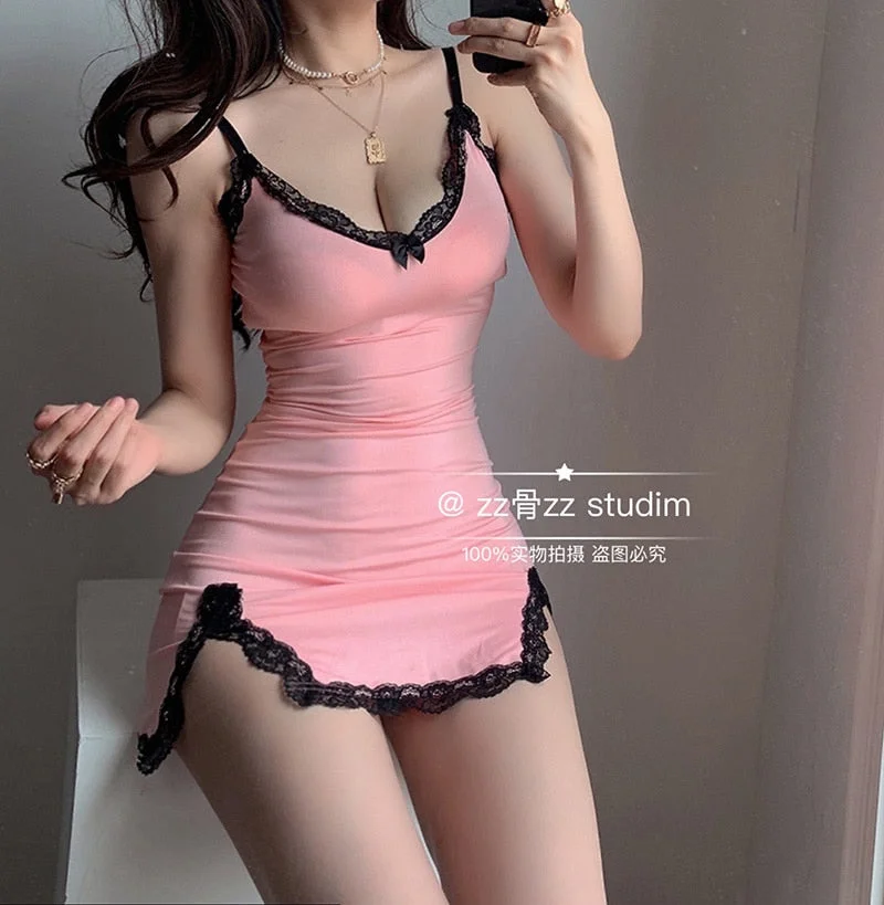 WOMENGAGA New V-neck Pink Thin Split Lace Sexy Skinny Hip Strap Tank Mini Party Dress Sexy Women Dresses Vintage Tops V4XV