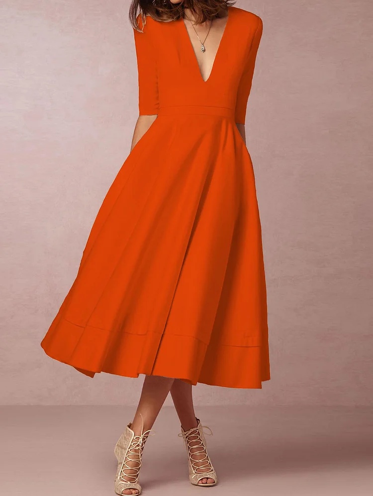 Elegant Solid V Neck Half Sleeve A-Line Midi Dress