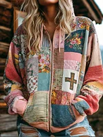 Women's Vintage Floral  Cross Patchwork Cozy Warm Zipper Hoodie