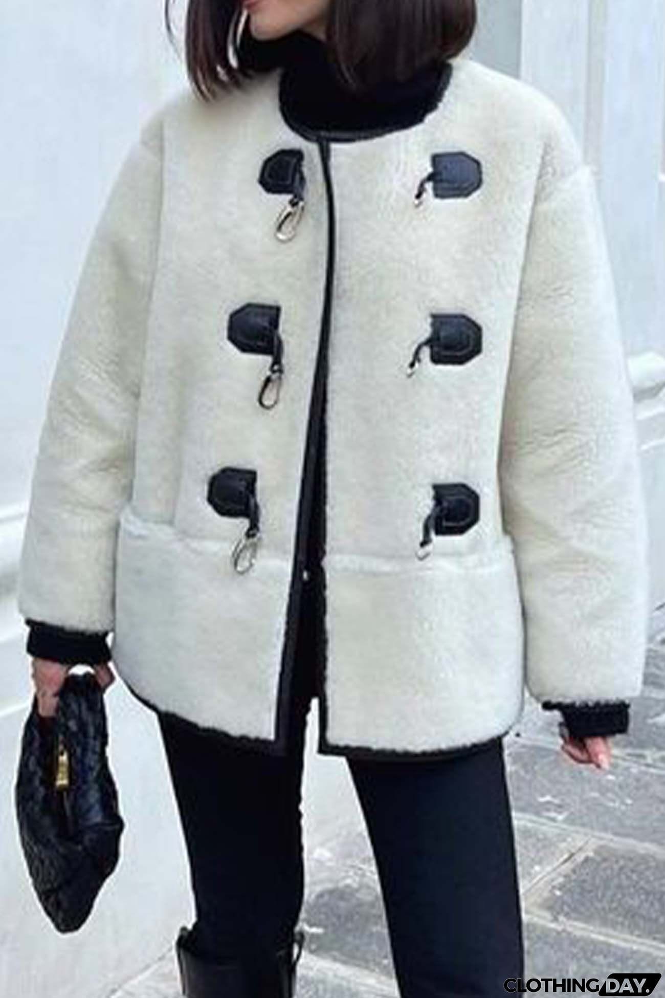 U Neck Metal Button Plush Jacket