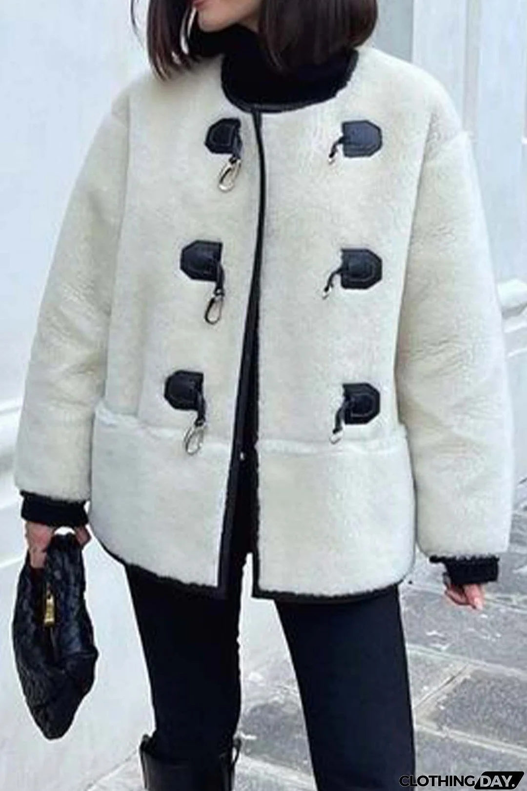 U Neck Metal Button Plush Jacket