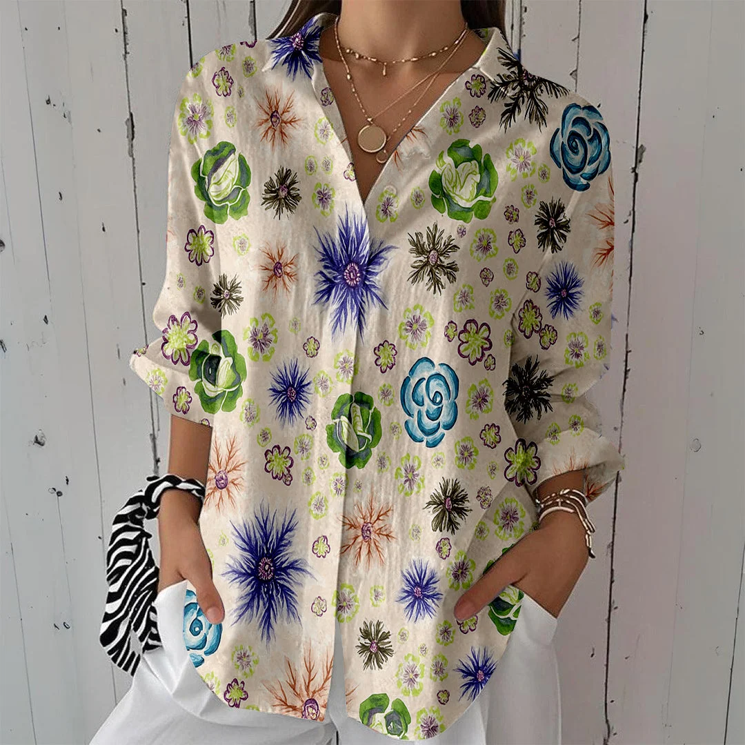 Style & Comfort for Mature Women Women Polka Dots, Purple, Green DZCL0494 3/4 Sleeve Shirt Collar Printed Button Tops