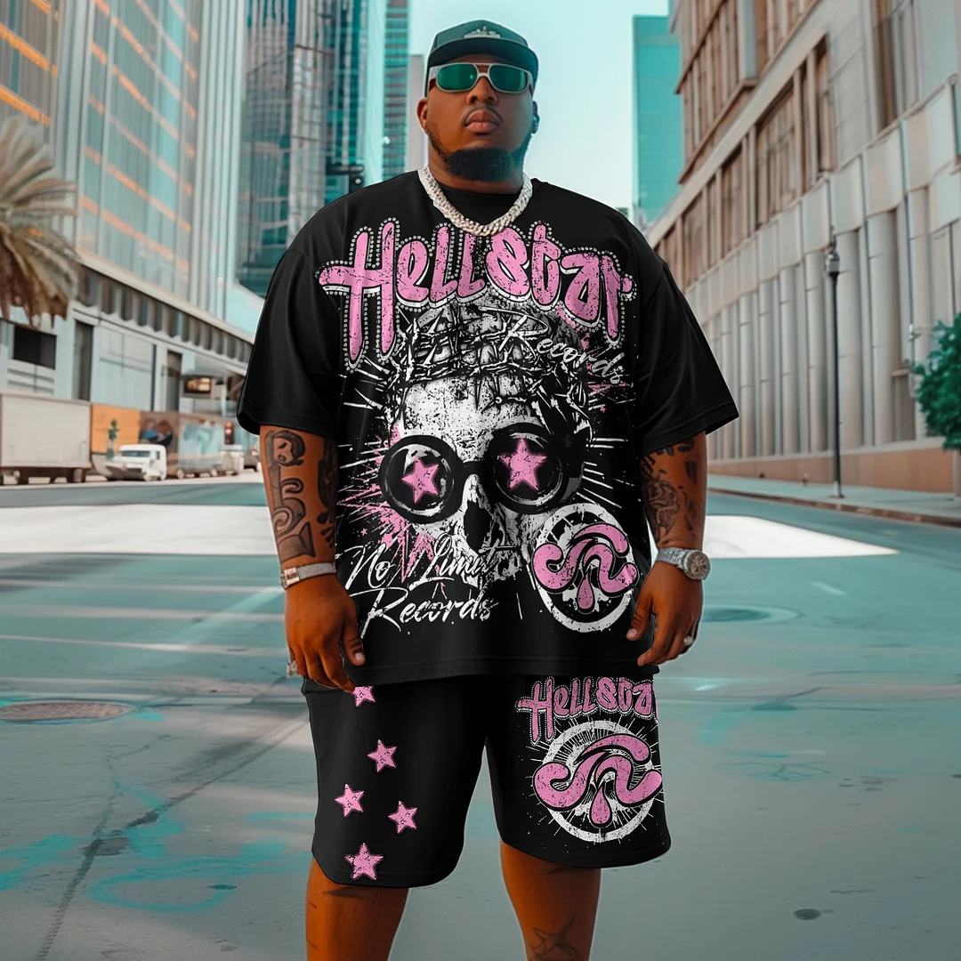 Men'S Plus Size Street Hip Hop Hell Star Personalized Skull Graphic T-Shirt Shorts Set