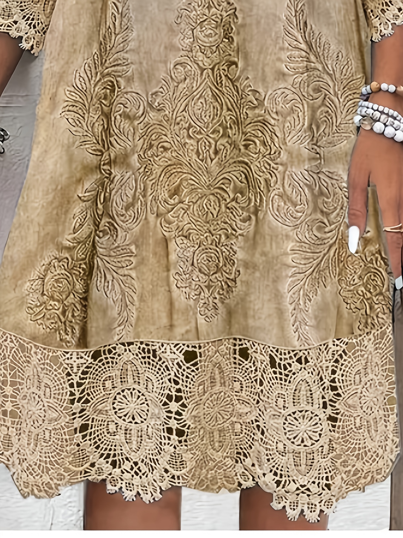 Women's Elegant V-Neck Lace Trim Shirt Dress - Light Green Polyester Blend All-Season Casual Dress, Vintage-Inspired Design With Intricate Floral Pattern, Machine Washable Non-Stretch Dress For Casual Attire, Lace Dress, Soft Texture Apparel | IFYHOME