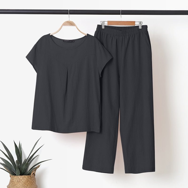 2PCS kaftan Women Solid Sets ZANZEA 2022 Casual Short Sleeve Blouses and Pocket Pants Female Loose Cotton Matching Sets Oversize