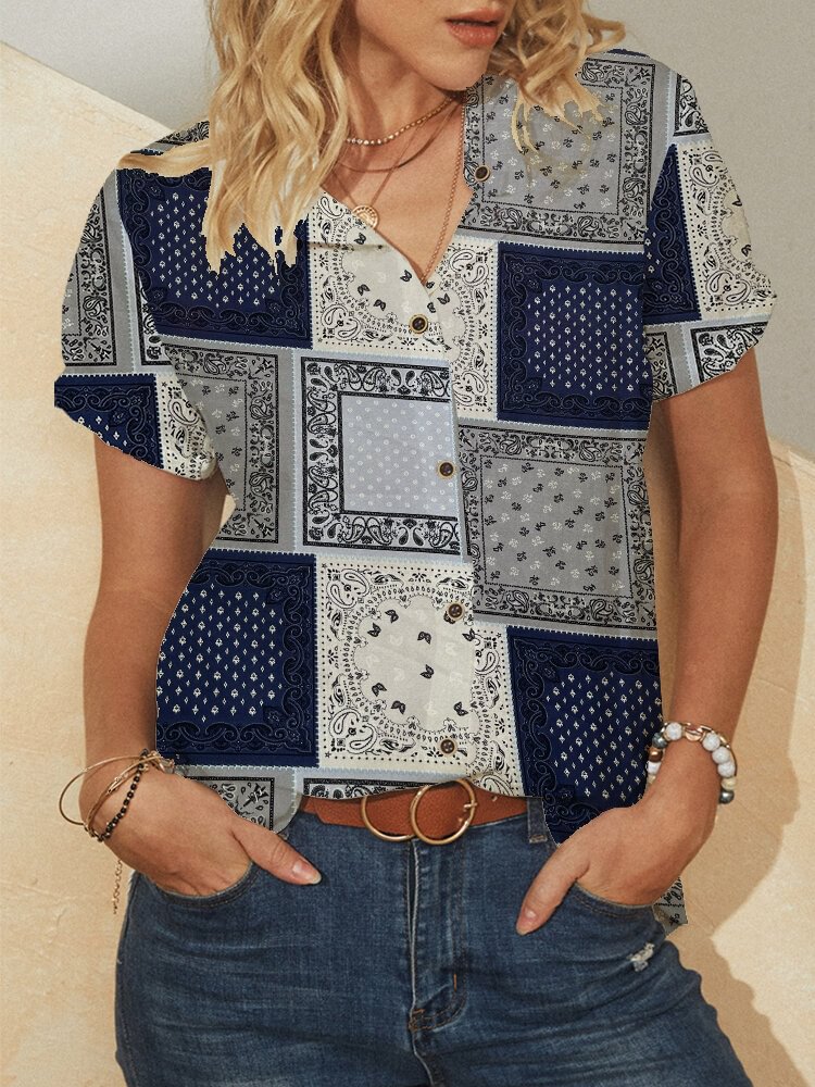 Ethnic Pattern Short Sleeve Stand Collar Button Vintage Blouse P1847774