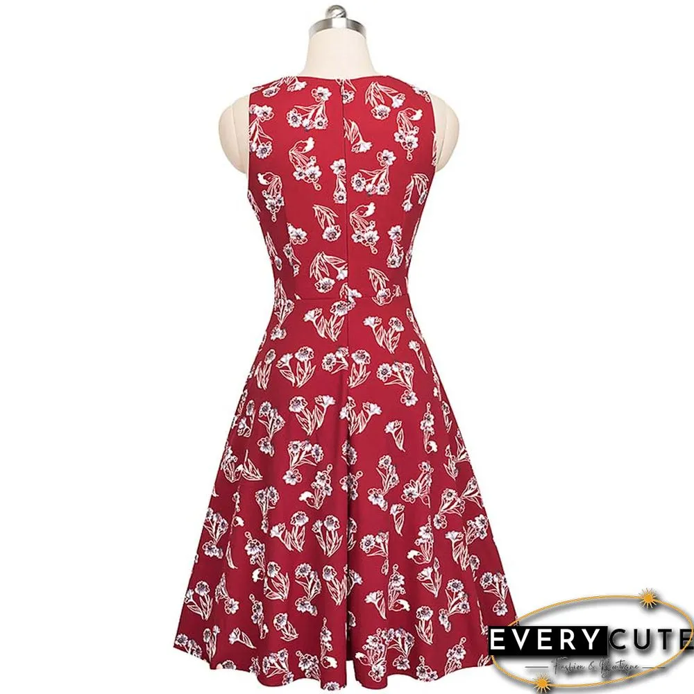 Red Floral Print Party Skater Dress